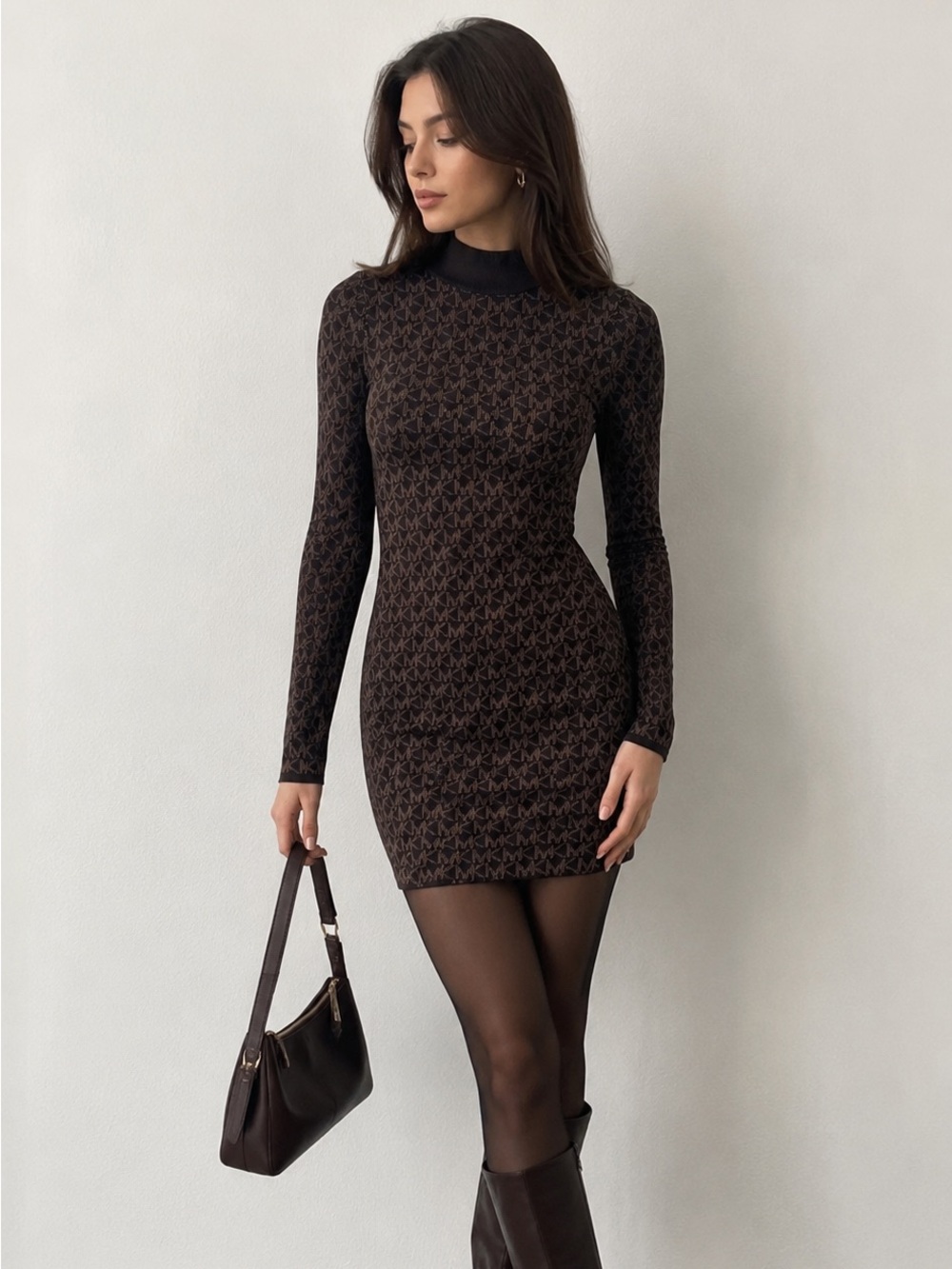 Michael Kors Dark Brown Logo Jacquard Long Sleeve Dress
